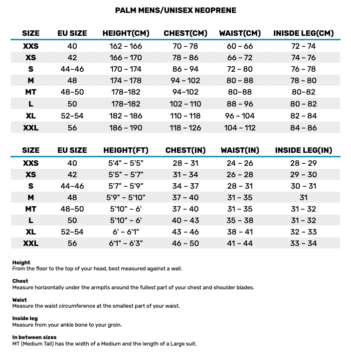 2025 Palm Mens Unisex Neoprene Mens Size Chart